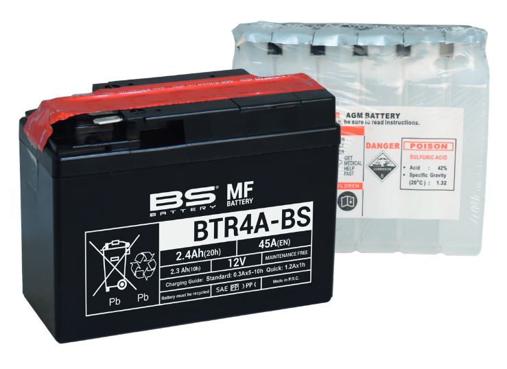 BS-battery BTR4A-BS  AGM MF, 12, 2,3, 45  113x48x85,  ( -/+ ) (YTR4A-BS, YTX4A-BS) slim Honda 300624